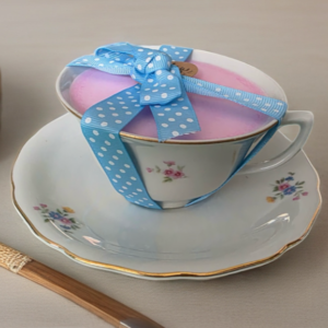 Kaars in kop en schotel klein bloemenmotief<br>Licht & Warmte