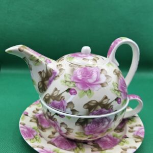 Tea for One Set met roze Rozenpracht<br>Theebenodigdheden
